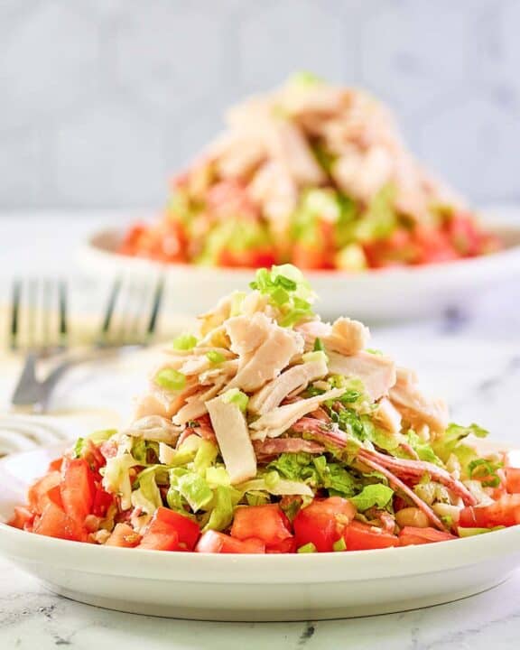 Copycat California Pizza Kitchen Italian chopped salad in a bowl.