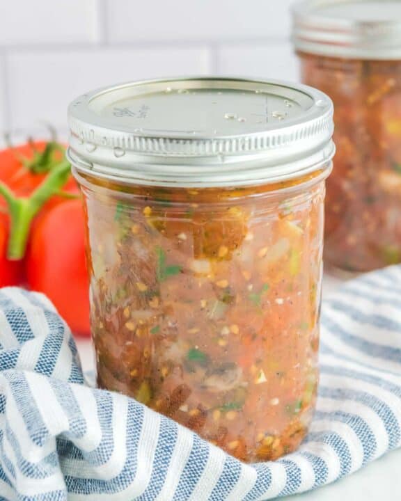 Homemade canned spaghetti sauce in a mason jar.