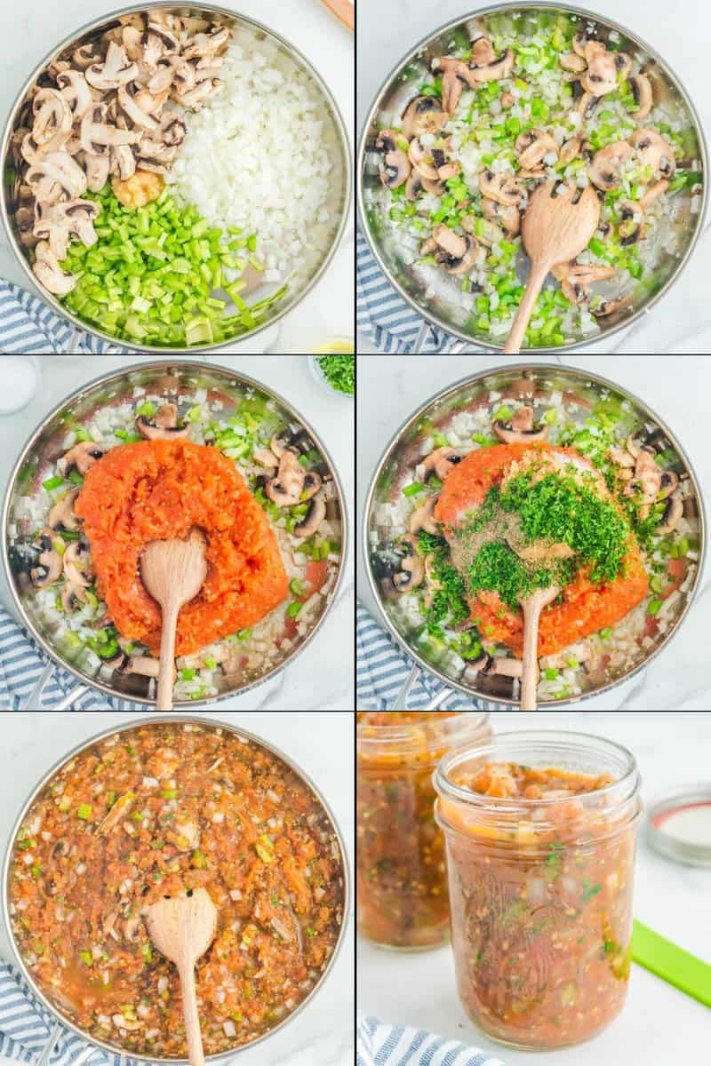 Collage of making homemade spaghetti sauce for canning.