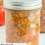 Closeup of homemade canned spaghetti sauce in a mason jar.