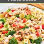Chicken and broccoli pasta salad on a platter.