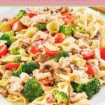 Chicken pasta salad on a platter.