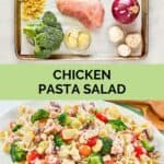 Chicken pasta salad ingredients and the finished dish.