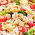 Closeup of chicken pasta salad on a platter.