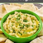 Creamy hummus and pita bread slices on a platter.