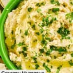 Closeup of creamy hummus with yogurt.