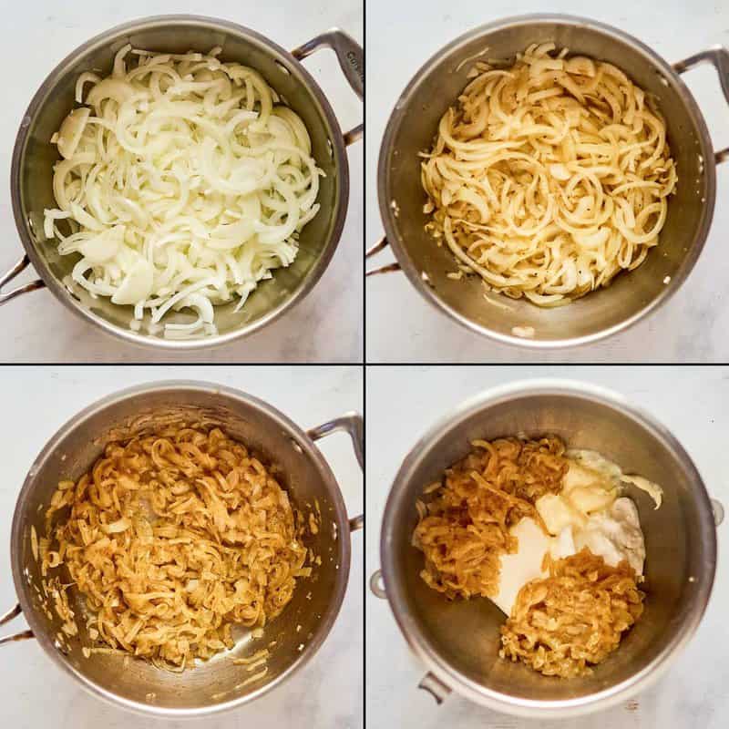 Collage of making Ina Garten onion dip.