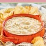 Bowl of Ina Garten onion dip with potato chips around it.
