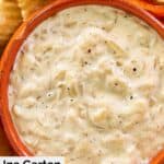 Closeup of a bowl of Ina Garten onion dip.