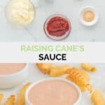 Copycat Raising Cane's sauce ingredients and the finished sauce in a bowl.