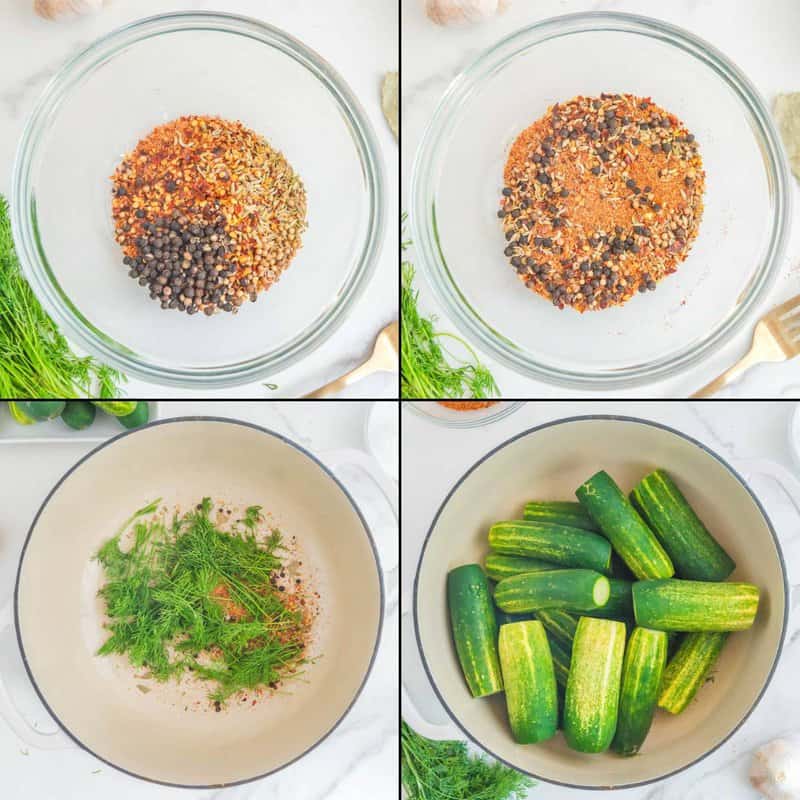 Collage of prepping ingredients for making spicy dill pickles.