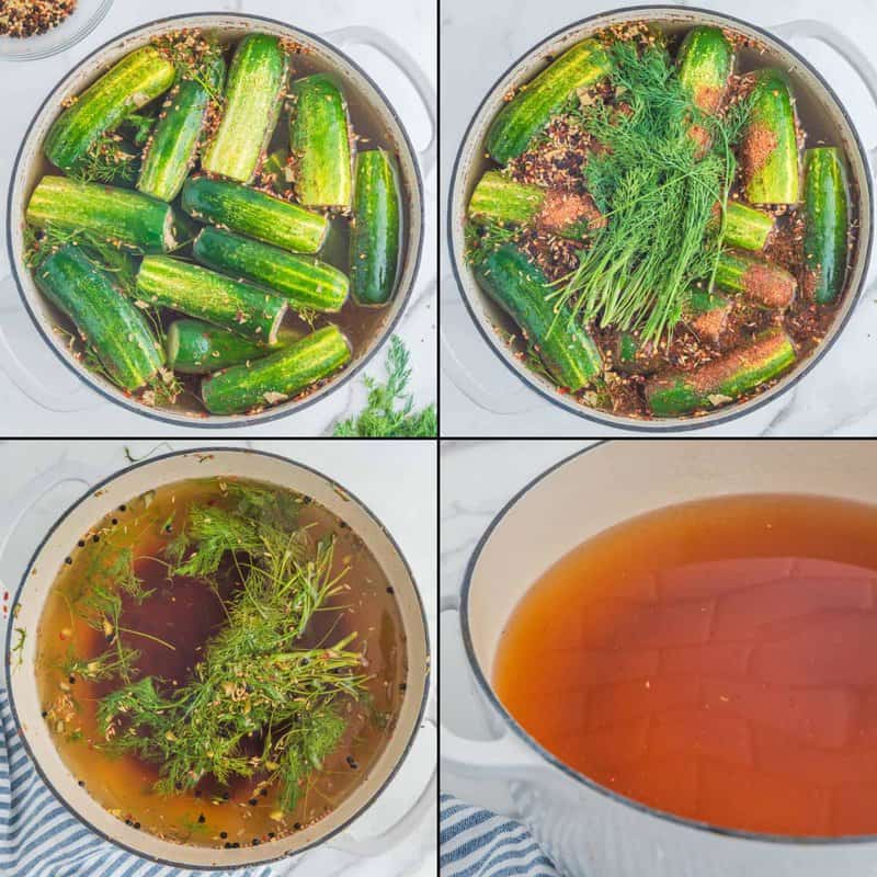 Collage of cooking spicy dill pickles for canning.