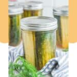 Homemade spicy pickles jar on top of a kitchen towel and fresh dill next to it.