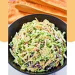 Sweet and sour coleslaw in a bowl and salad tongs behind it.