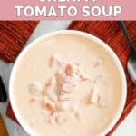 Overhead view of a bowl of homemade 4B's creamy tomato soup.