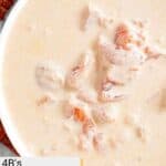 Overhead closeup of a bowl of homemade 4B's creamy tomato soup.
