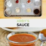 Copycat Arby's sauce ingredients and the sauce in a bowl.