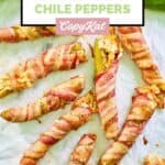 Overhead view of bacon wrapped stuffed hatch green chile peppers on parchment paper.