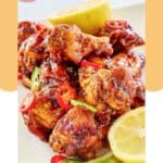 Homemade Buffalo Wild Wings Asian Zing chicken wings and lemons.