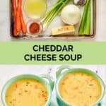 Cheddar cheese soup ingredients and the finished soup in two bowls.