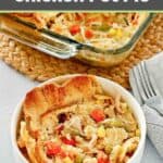 Homemade chicken pot pie serving in a bowl.