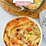 Overhead view of chicken pot pie casserole in a baking dish and a bowl.