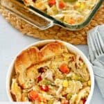 Overhead view of a serving of chicken pot pie in a bowl.