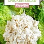 Closeup of homemade Chicken Salad Chick Classic Carol chicken salad on top of lettuce leaves.