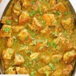 Overhead view of pork chili verde in a skillet.