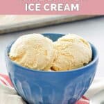 Homemade cake batter ice cream in a blue bowl.