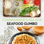 Copycat Commander's Palace seafood gumbo ingredients and the finished dish.