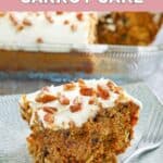 A slice of homemade Cracker Barrel carrot cake on a plate.