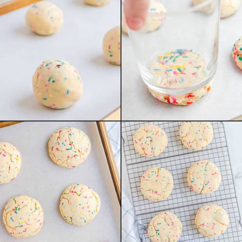 Collage of portioning and baking dough for copycat Crumble birthday cake cookies.