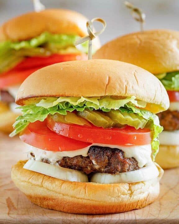 Copycat Culver's butter burger on a wood board.