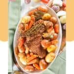Overhead view of Instant pot tri tip roast and vegetables on a platter.