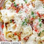 Overhead closeup of homemade Johnny Carino's bowtie festival pasta dish.