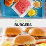 Copycat Krystal burgers ingredients and the finished burgers.