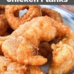 Several homemade Long John Silver's chicken planks and onion rings on a plate.