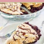 A slice of ice cream mud pie on a white plate.