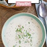 Overhead view of homemade old-fashioned potato soup in a bowl.