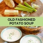 Old-fashioned potato soup ingredients and two bowls of the soup.