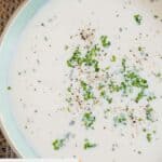 Closeup overhead view of old-fashioned potato soup.