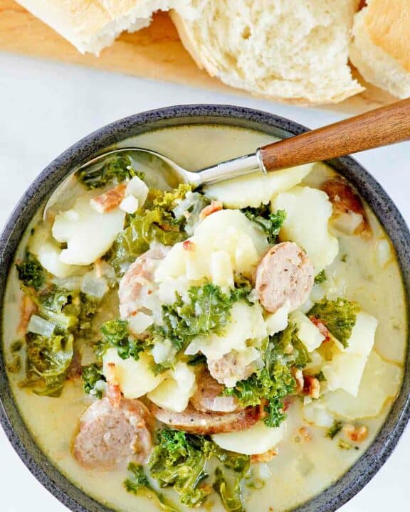 Overhead view of copycat Olive Garden Zuppa Toscana soup.
