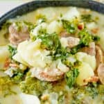 Homemade Olive Garden Zuppa Toscana soup in a black bowl.