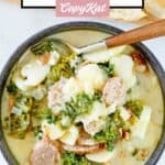 Overhead view of a bowl of homemade Olive Garden Zuppa Toscana soup.