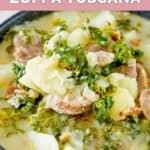 Closeup of a bowl of homemade Olive Garden Zuppa Toscana soup.