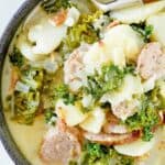 Closeup overhead view of copycat Olive Garden Zuppa Toscana soup.