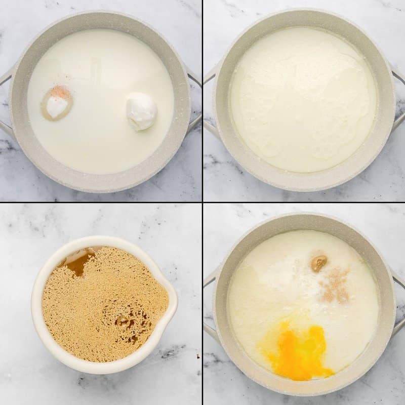 Collage of warming liquid ingredients and proofing yeast for overnight cinnamon rolls.
