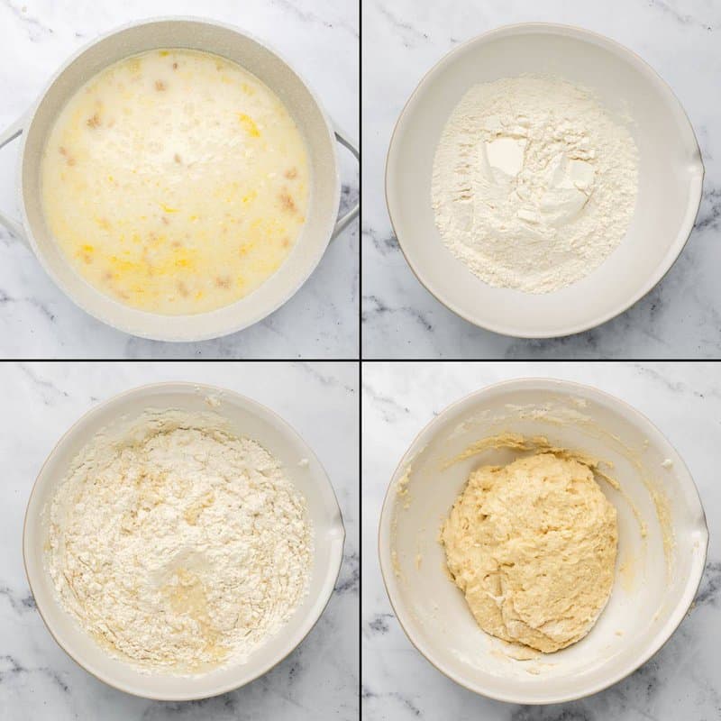 Collage of making dough for overnight cinnamon rolls.
