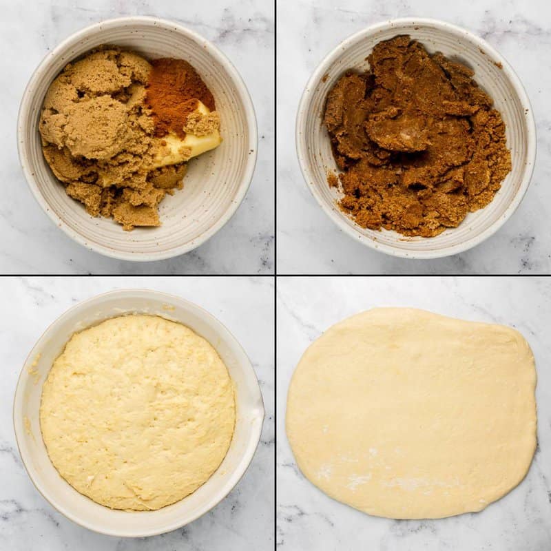 Collage of making cinnamon roll filling and rolling out the dough.